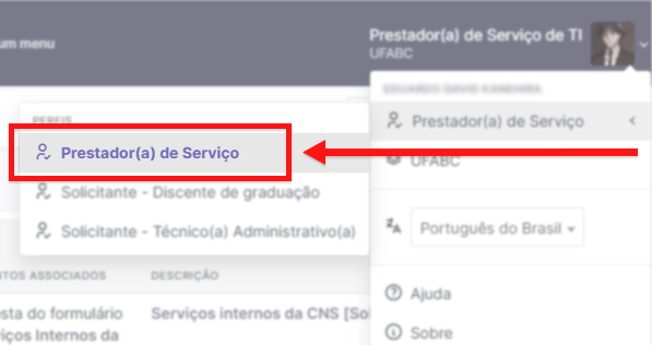 Localização do botão "Prestador de serviço".