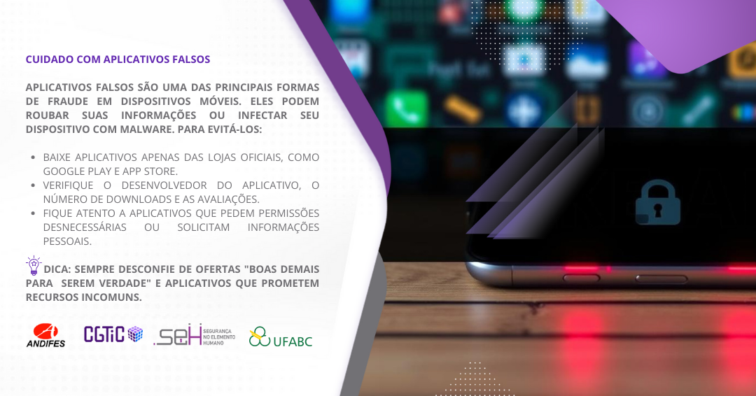 Imagem cuidado com aplicativos falsos.